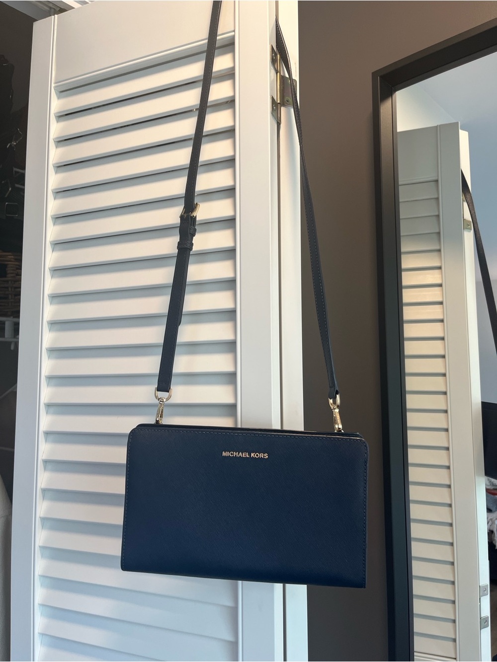 Michael Kors Navy Saffiano Crossbody Wallet with Gold Hardware
